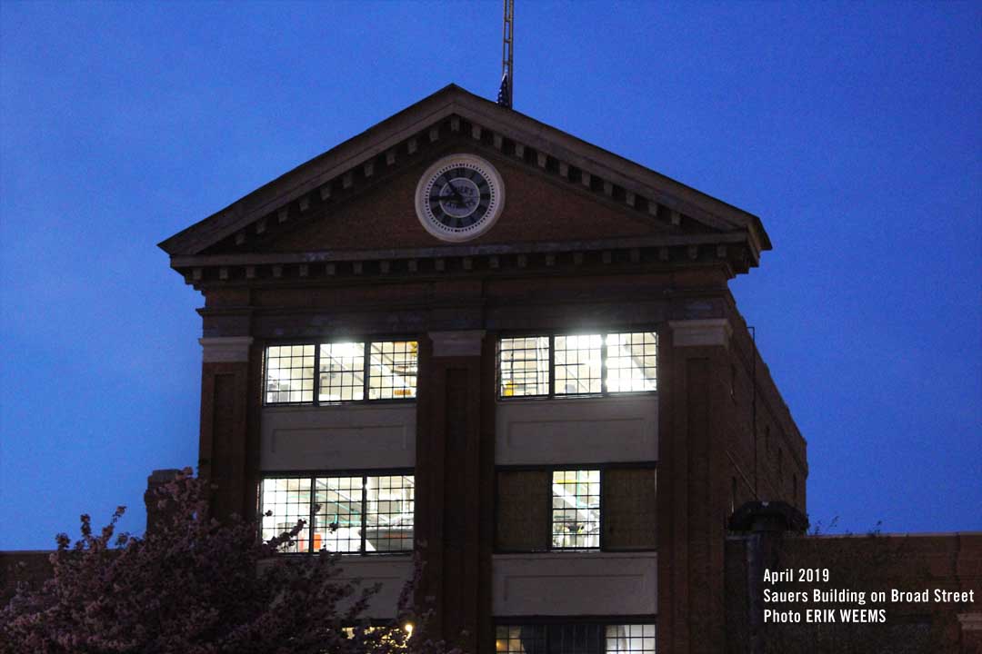 Click on image for larger photo - Sauers building at night on Broad Street Sauers building at night on Broad Street
