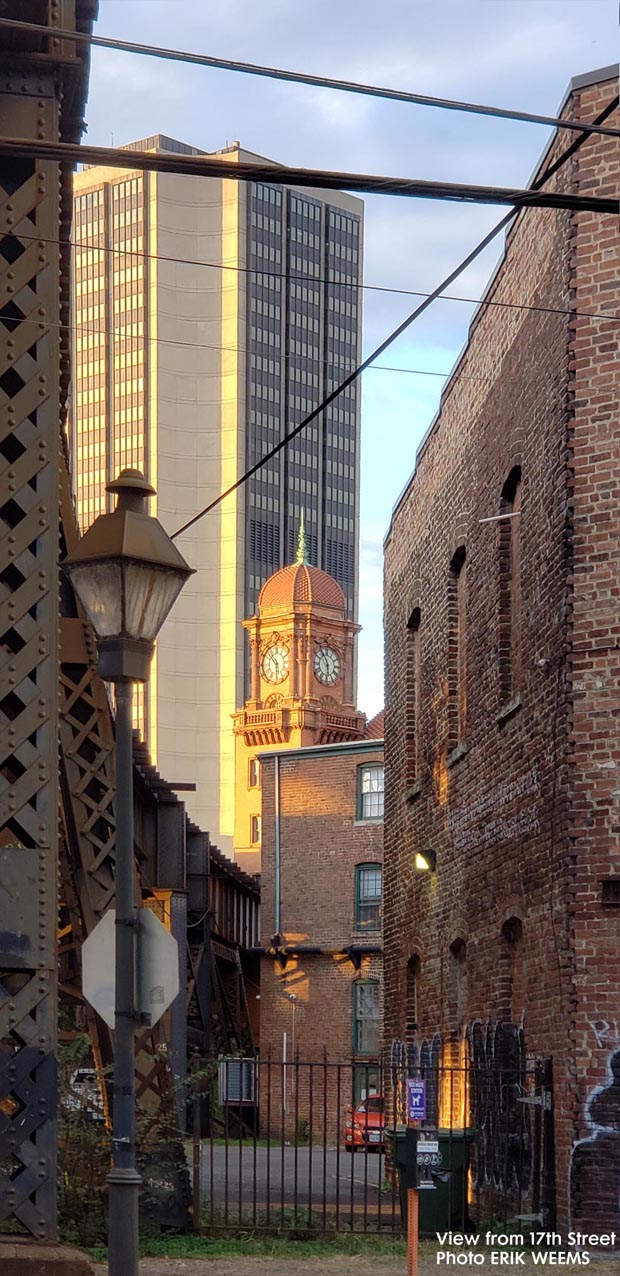 Old train station clock tower viewed from 17th street in Richmond
