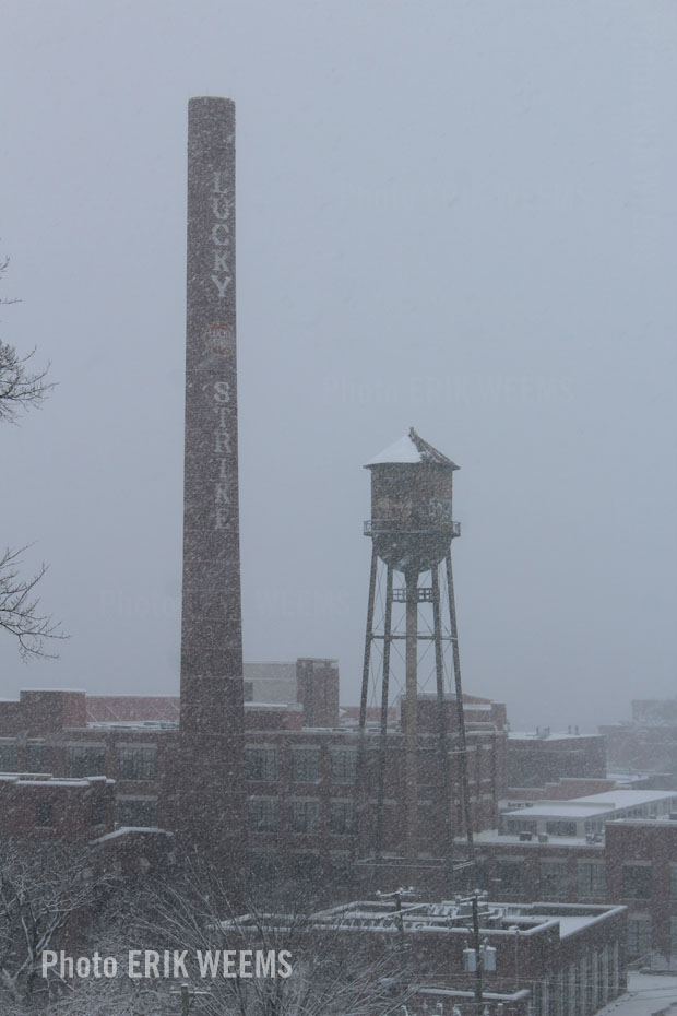 Lucky Strike Chimney Tower in Richmond Virginia with snowfall Lucky Strike Chimney Tower in Richmond Virginia with snowfall